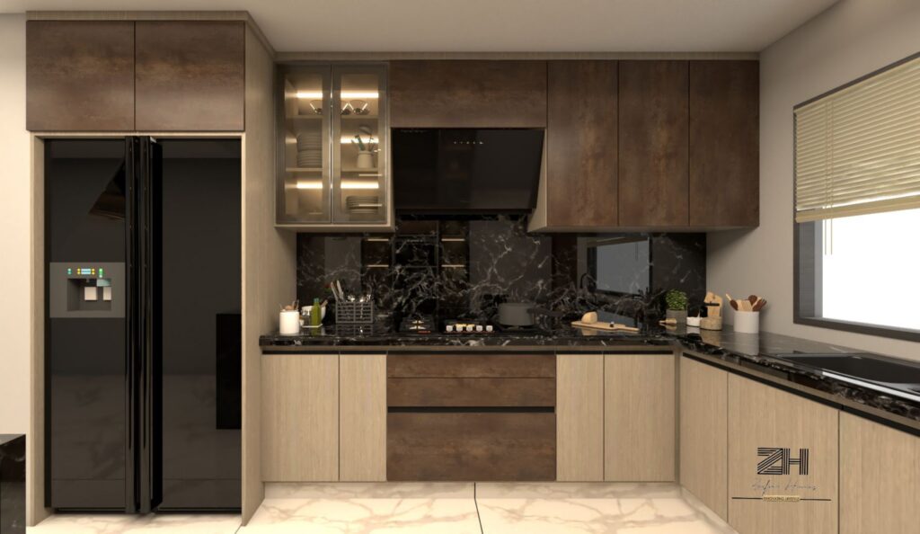 Contemporary kitchen render with modern appliances, sleek cabinetry, and clean lines by Zafiro Homes.
