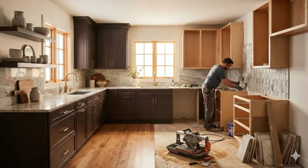 Kitchen renovation in progress with a worker installing cabinets and laying tiles, showcasing half-finished dark wood kitchen with marble countertops and wood flooring.