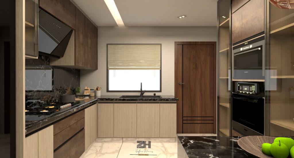 Stylish kitchen render with minimalist cabinetry, premium finishes, and modern appliances by Zafiro Homes.
