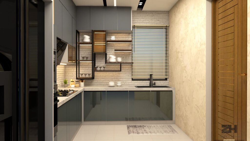 Elegant kitchen design with premium cabinets, lighting, and modern cooking appliances, Karachi-based Zafiro Homes project.