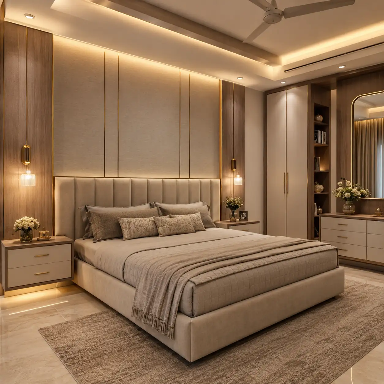 Custom upholstered bed with side tables, bedroom wardrobe, dresser and coordinated bedroom furniture in Karachi.