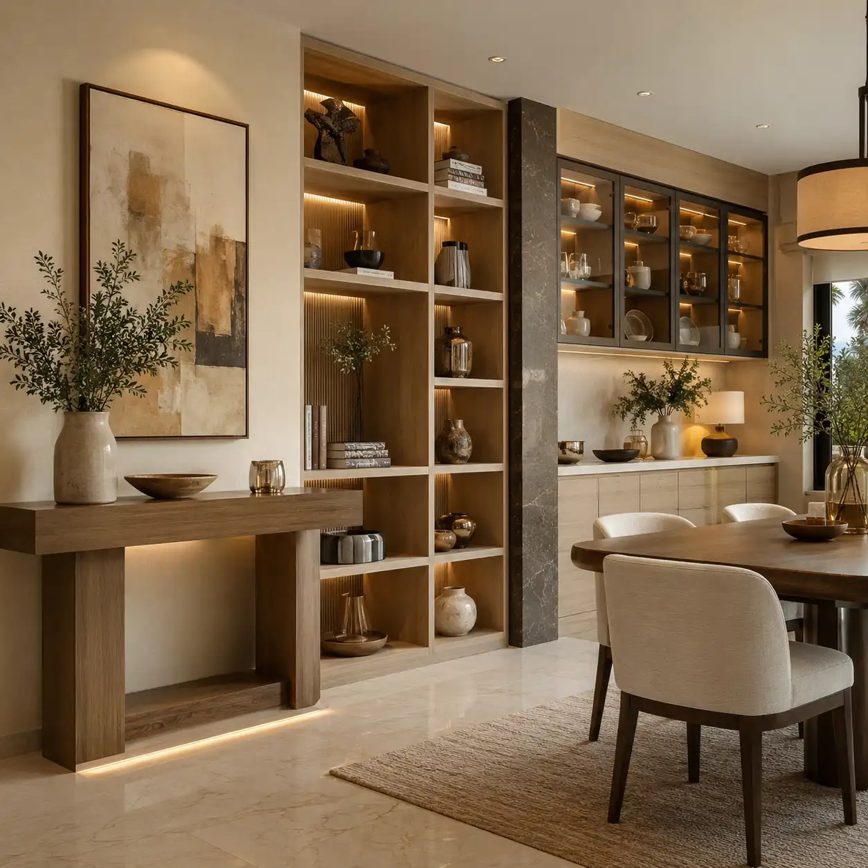 Custom wooden console, illuminated display shelving and glass-front dining storage cabinets in a modern Karachi dining room.