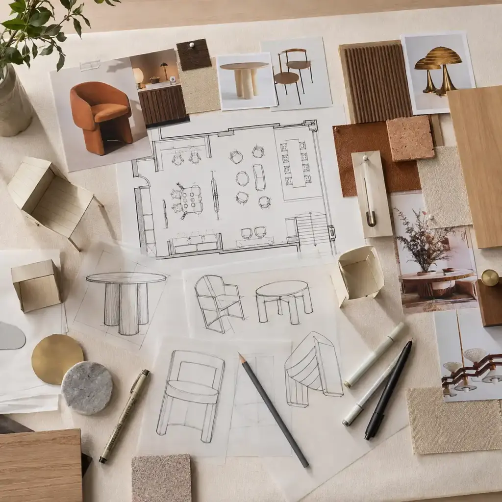 Custom furniture design mood board with hand-drawn furniture sketches, floor plan, reference photographs and material samples.