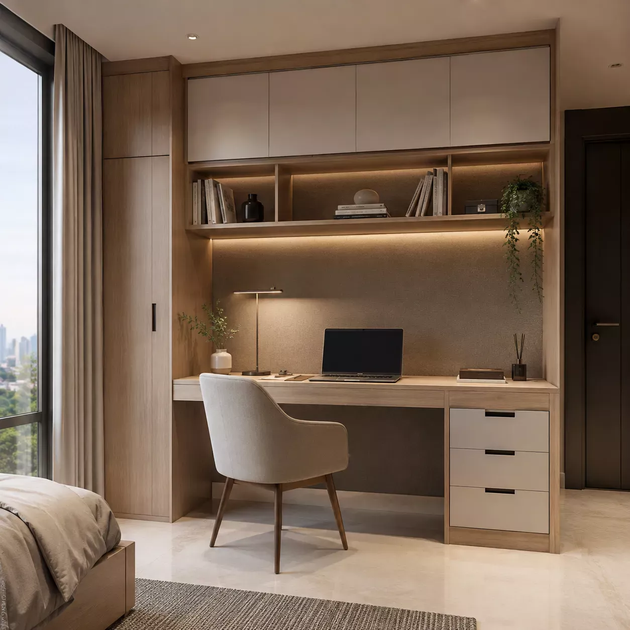 Custom built-in study desk with overhead cabinets, bookshelves, drawers, lighting and cable management in a Karachi bedroom.