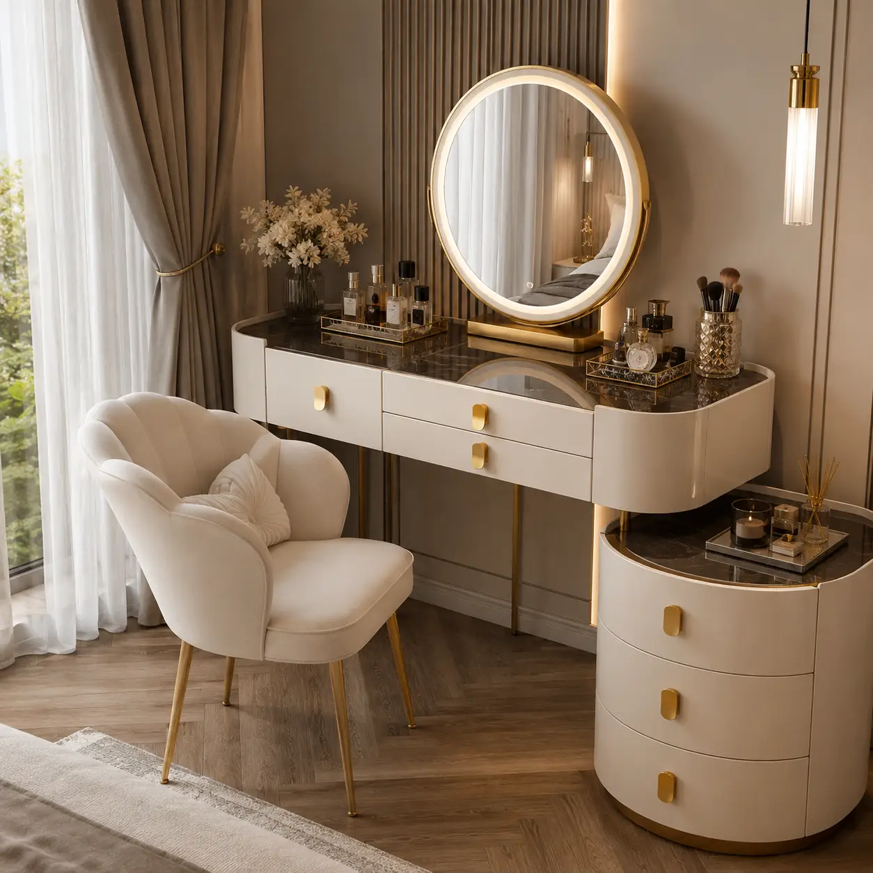 Custom cream vanity and dressing unit with an illuminated round mirror, organised drawers, side storage and upholstered chair.