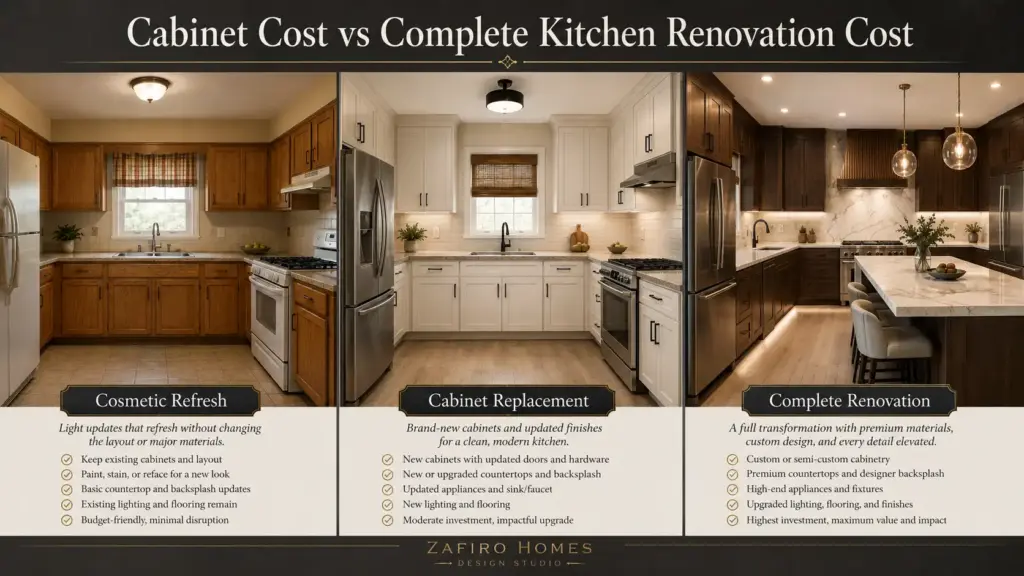 Three-stage kitchen comparison showing cosmetic refresh, cabinet replacement and complete kitchen renovation in Karachi.