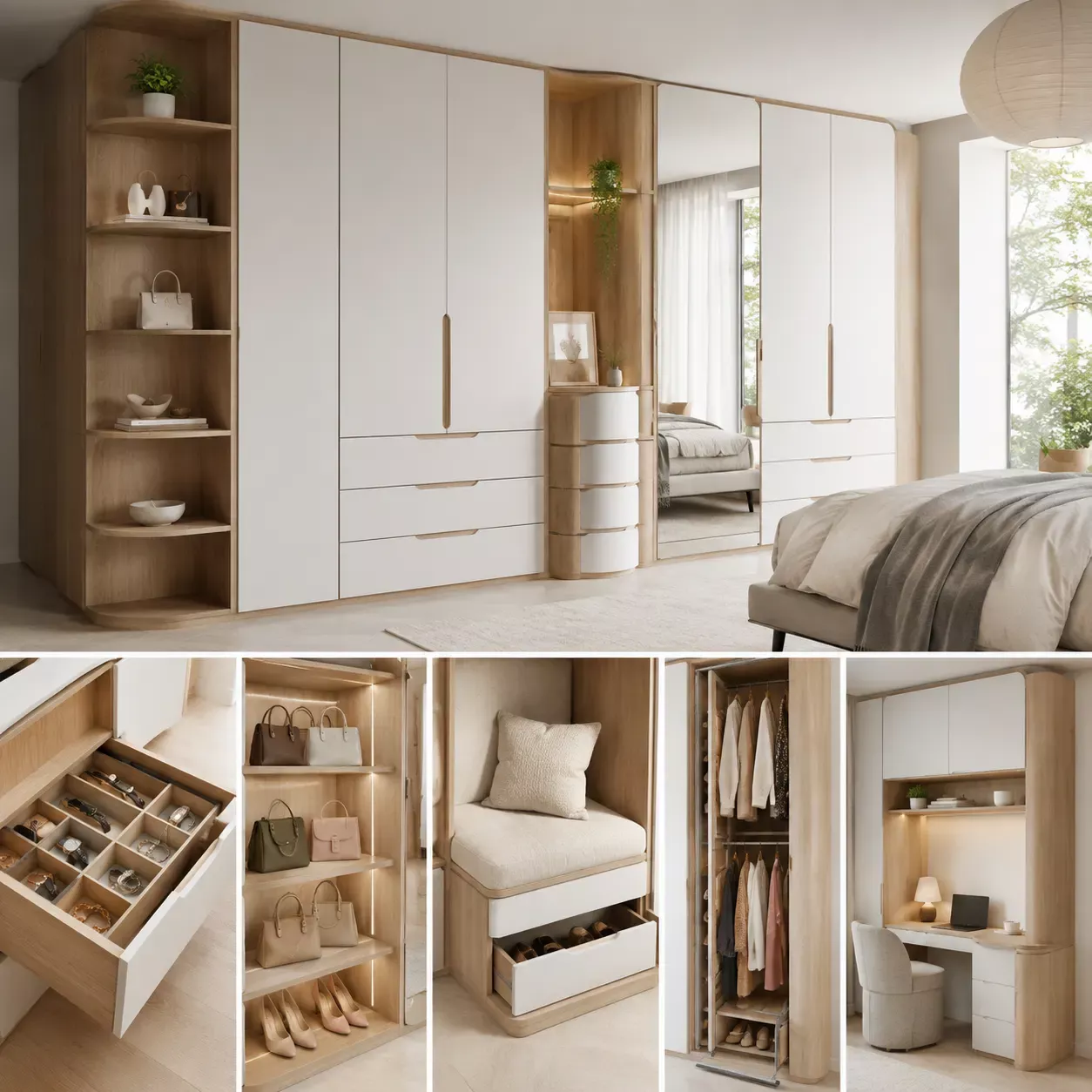 Custom fitted wardrobe with hanging rails, drawers, shoe storage, shelves and integrated bedroom storage in Karachi.