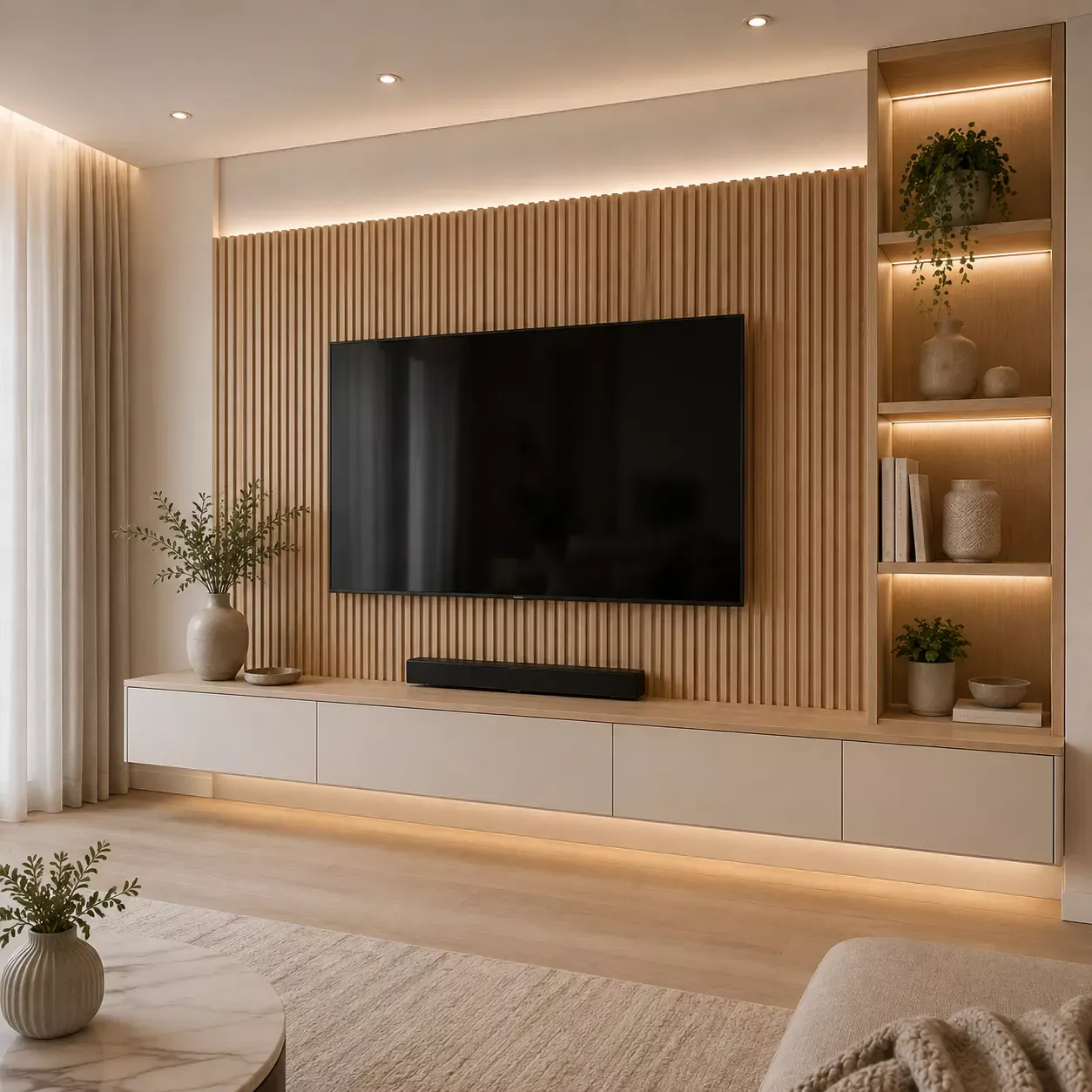 Custom media wall with vertical wood slats, floating storage cabinets, display shelves and concealed LED lighting.