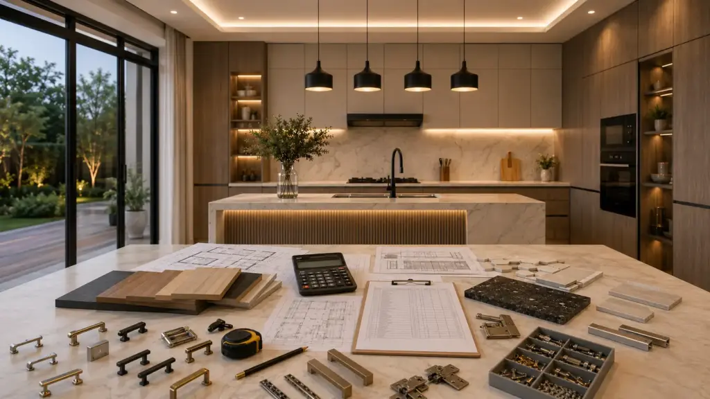 Modern kitchen renovation planning scene with BOQ sheet, kitchen drawings, calculator, material samples and hardware in Karachi.