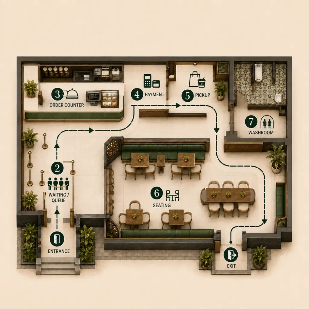 Restaurant customer flow layout showing entrance, waiting queue, order counter, payment, pickup, seating, washroom and exit.