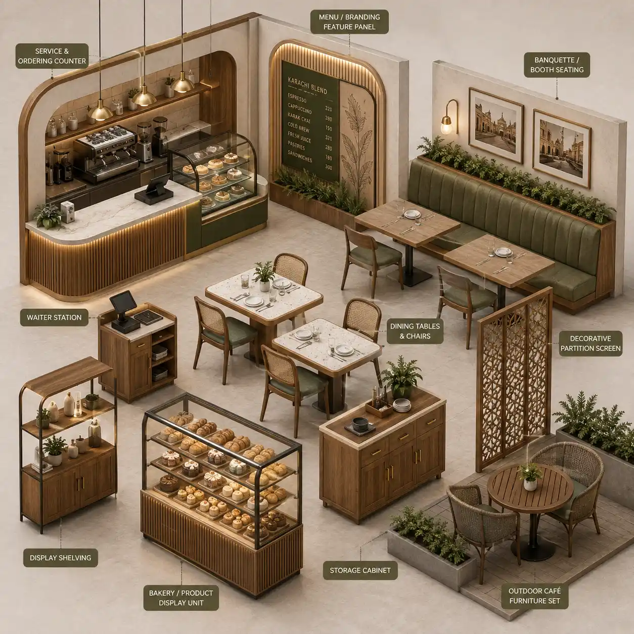 Custom restaurant and cafe furniture by Zafiro Homes Design Studio showing counters, banquette seating, dining tables, display shelving, storage cabinets and outdoor cafe furniture.