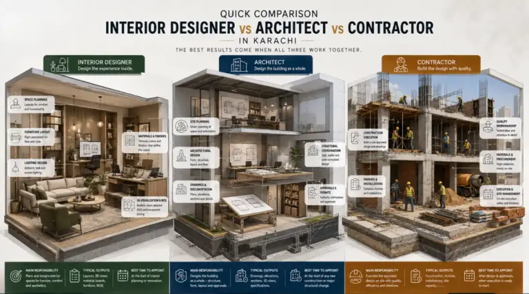 Three-part visual showing an interior designer working with materials and space planning, an architect reviewing building drawings and model, and a contractor managing construction on site.