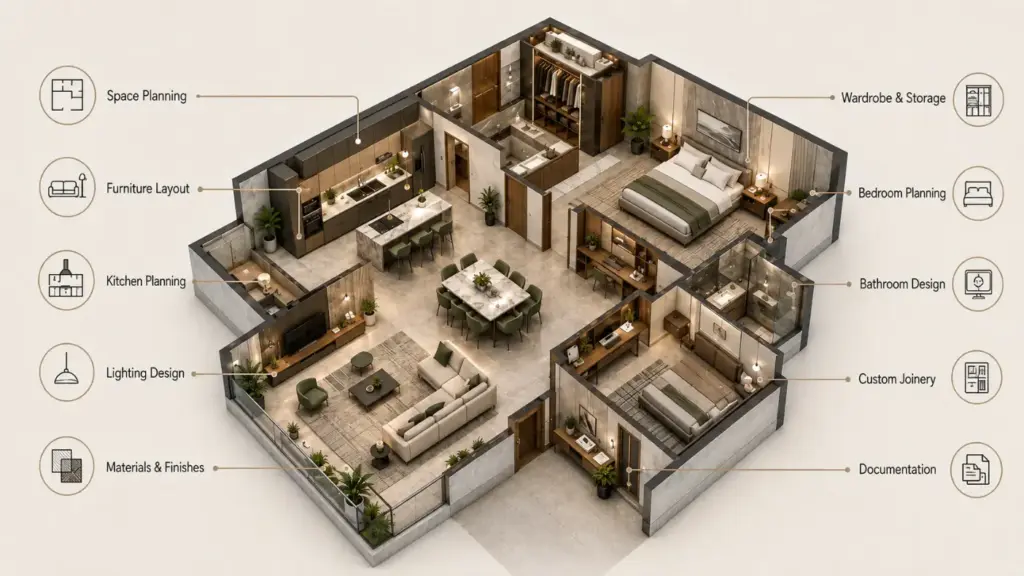 Axonometric apartment interior diagram showing space planning, furniture layout, kitchen planning, lighting design, materials, bedroom planning, bathroom design, custom joinery and documentation.